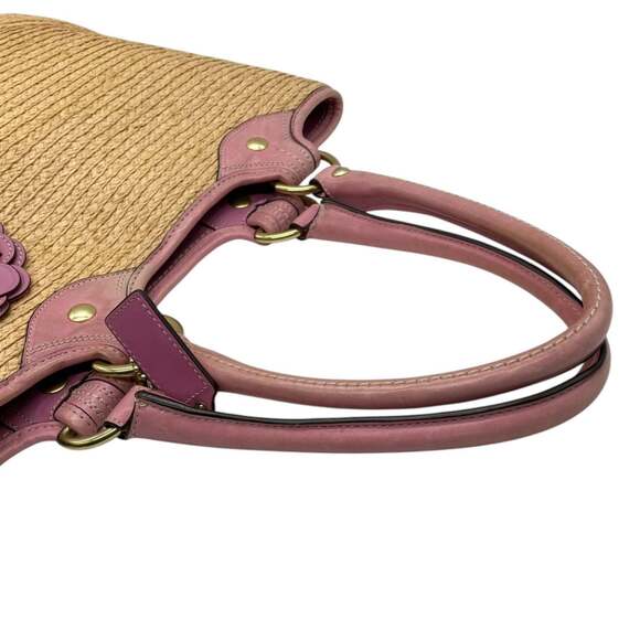 Coach 13373 Women's Straw Tote Bag with Tea Rose Flower Charm, Beige and Pink... - Picture 5 of 16